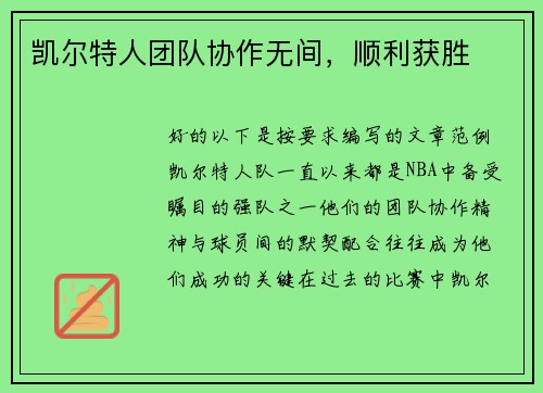 凯尔特人团队协作无间，顺利获胜