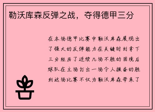 勒沃库森反弹之战，夺得德甲三分