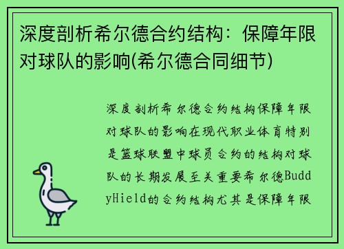 深度剖析希尔德合约结构：保障年限对球队的影响(希尔德合同细节)