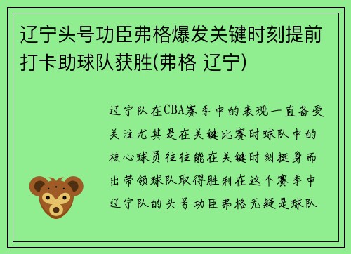 辽宁头号功臣弗格爆发关键时刻提前打卡助球队获胜(弗格 辽宁)