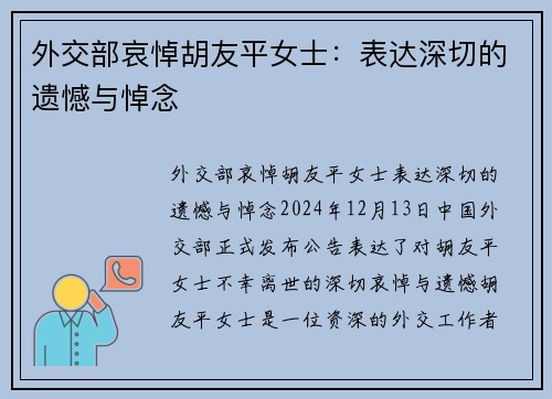 外交部哀悼胡友平女士：表达深切的遗憾与悼念